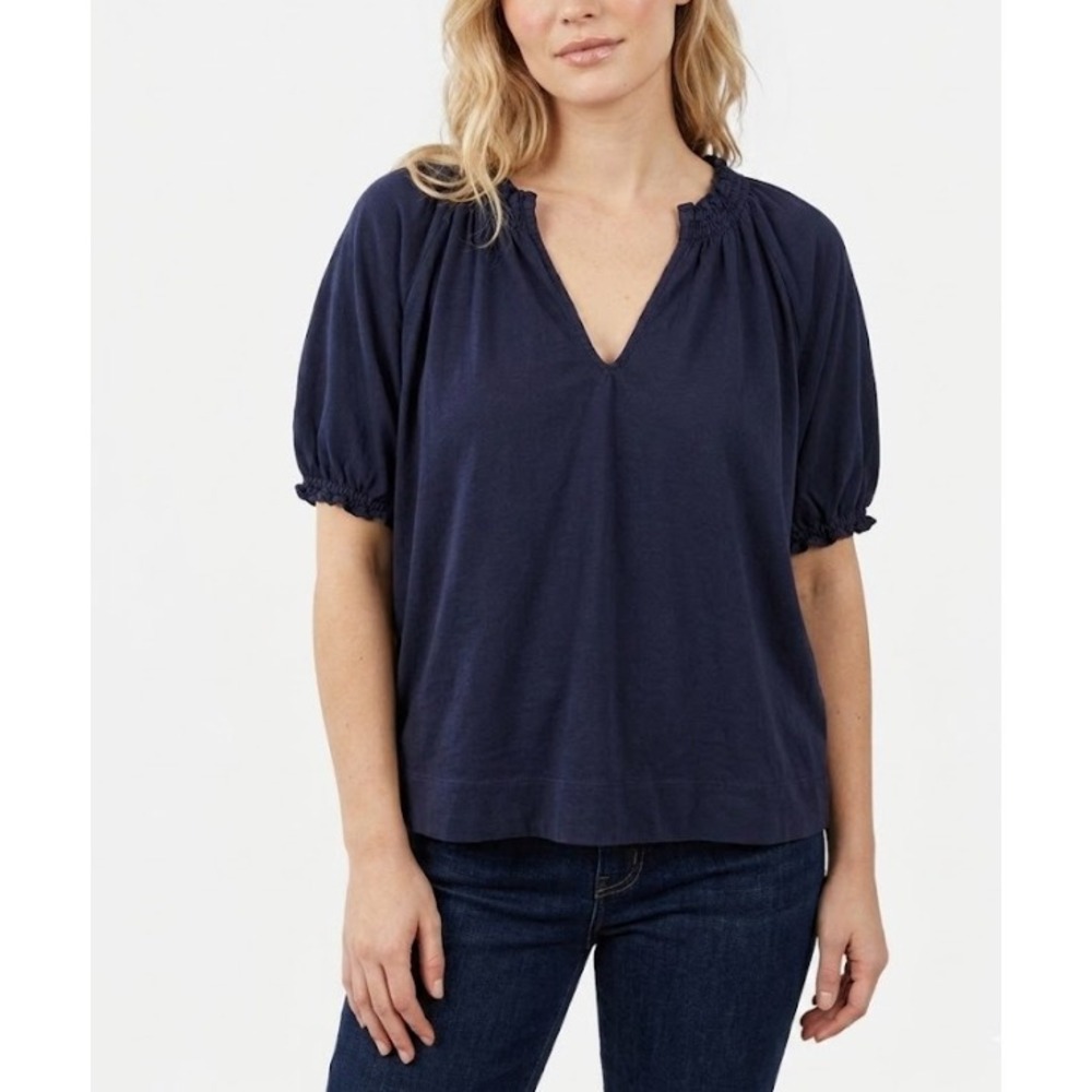 Mersea Top Medium Puff Sleeve Navy V-Neck Pima Cotton Stretch Relaxed Blouse